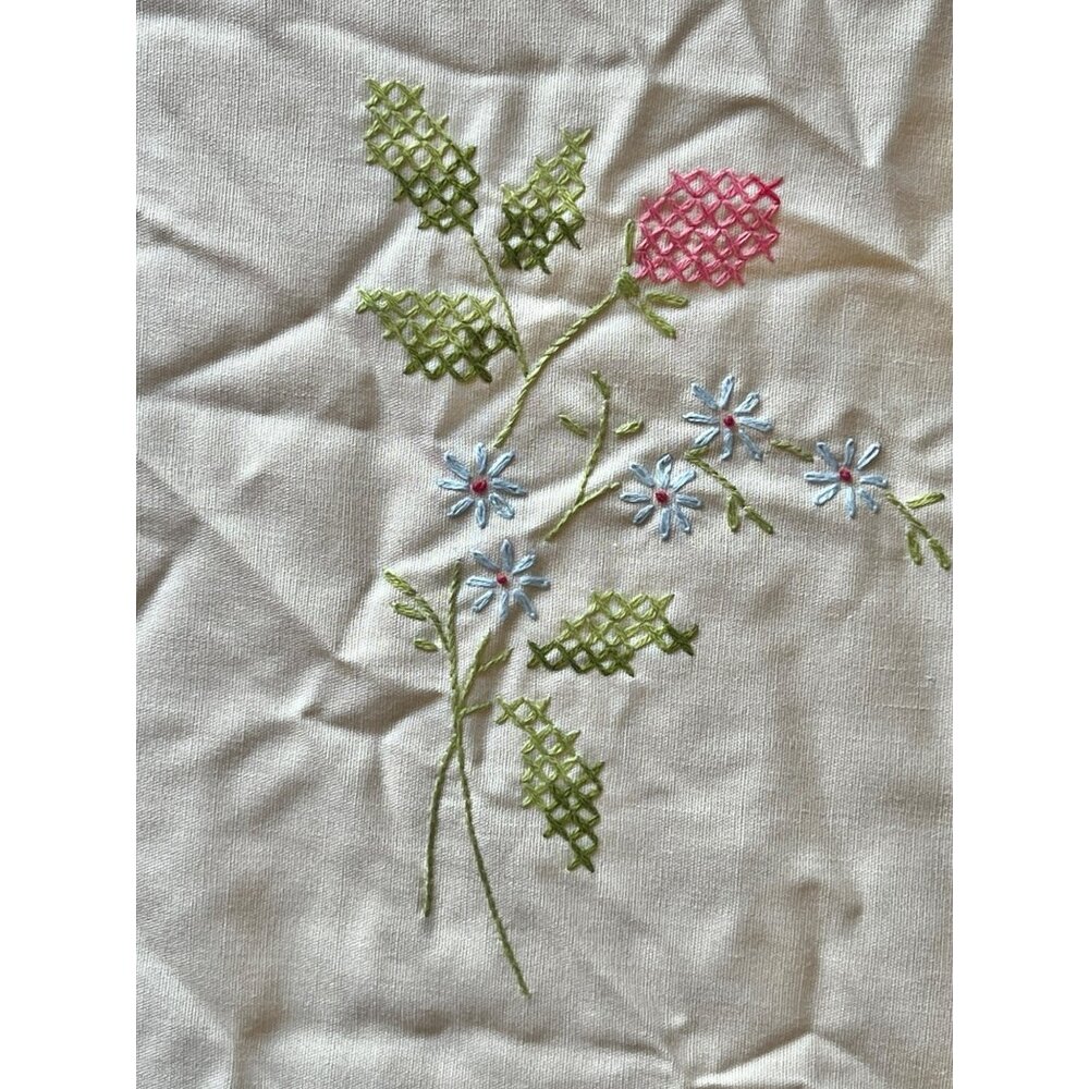Beige Floral Embroidered Tablecloth 67" X 49" Pink & Blue Cross-Stitch VTG - Picture 11 of 13